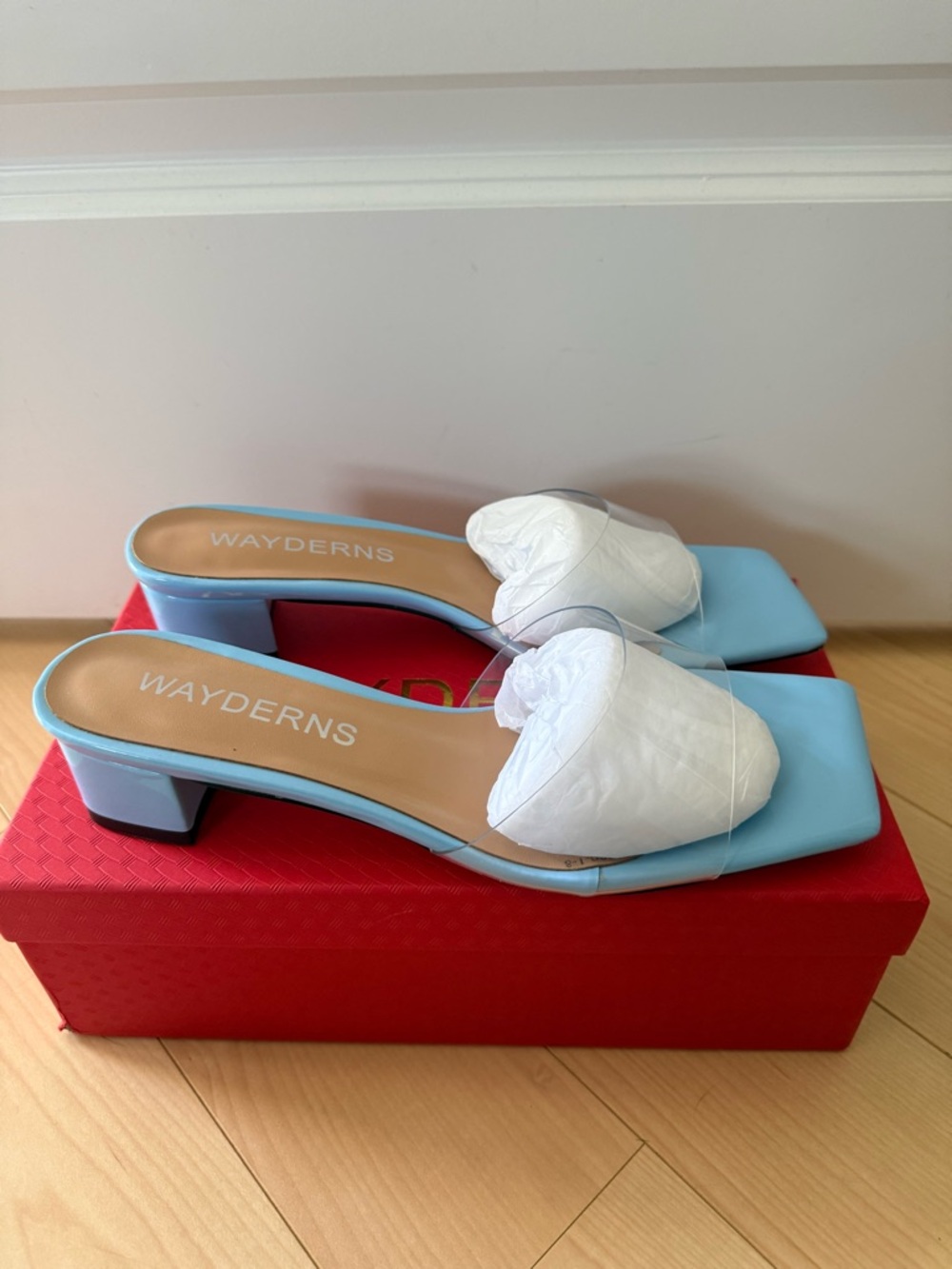 WAYDERNS Sky Blue Square-Toe Slide Heels with Clear Strap